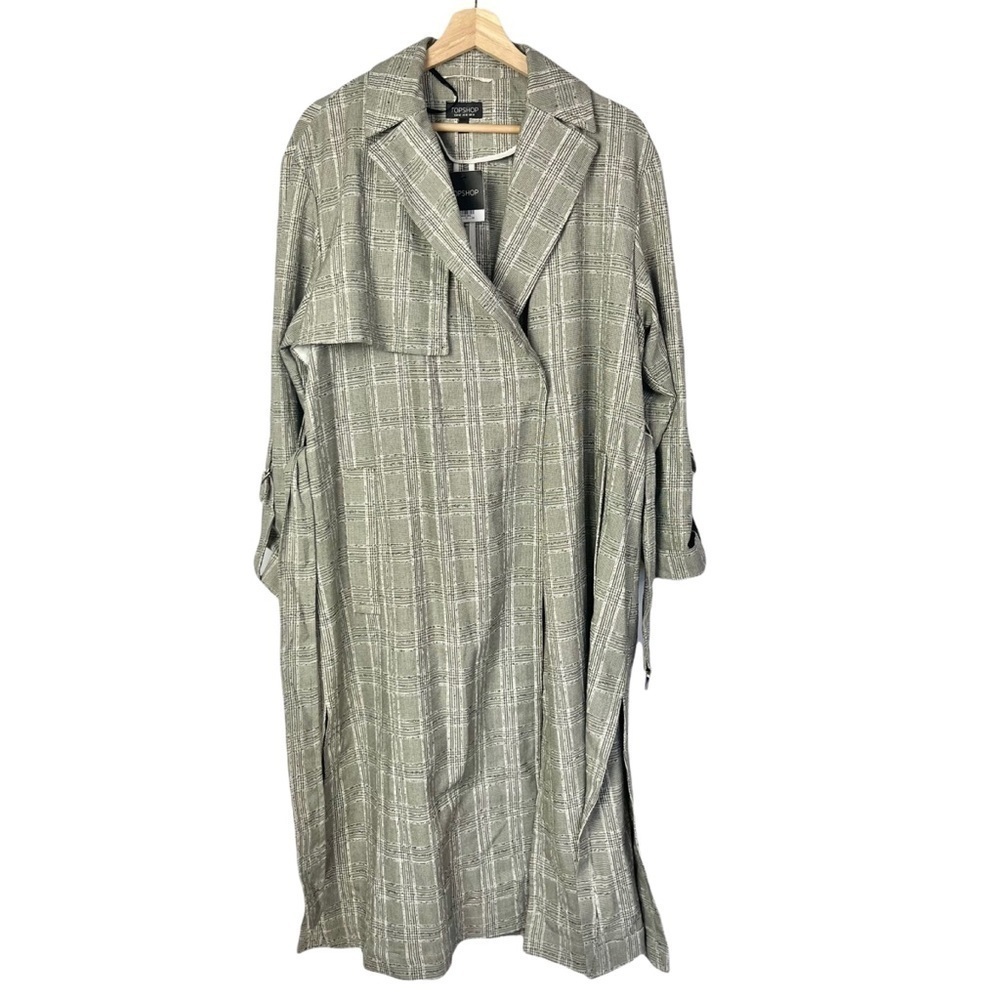 NEW TopShop Black & White Checkered Plaid Belted Mid Length Trench Coat 10